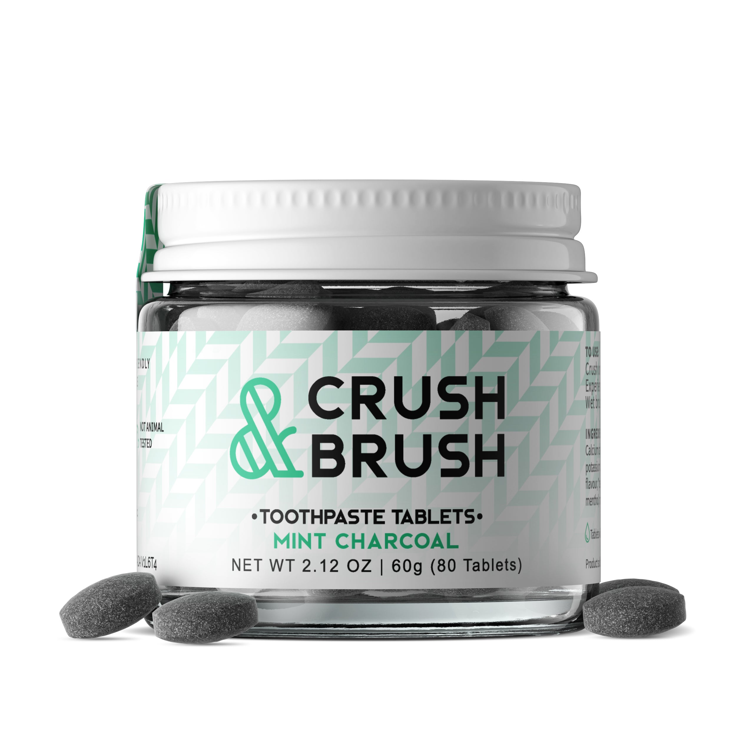 Crush & Brush Mint CHARCOAL GLASS JAR - 60g ~ 80 Toothpaste Tablets - WHOLESALE  - nelsonnaturals remineralizing toothpaste